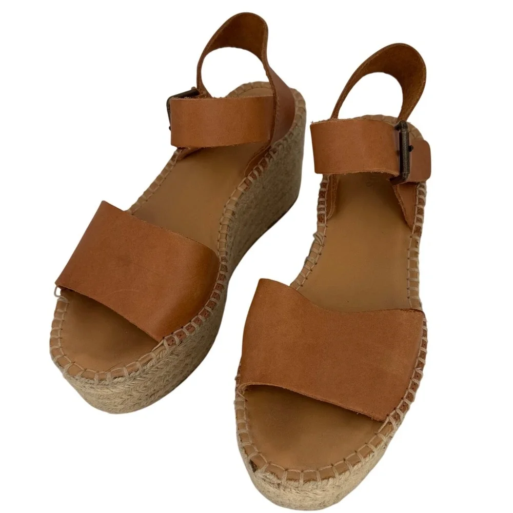 Soludos Minorca Platform Espadrille Sandals Tan Leather Boho Coastal Wedge 40